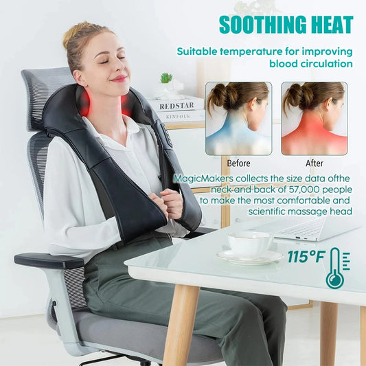 FitGearly shoulder heated back massager showing adjustable straps and heating panels for targeted relief.