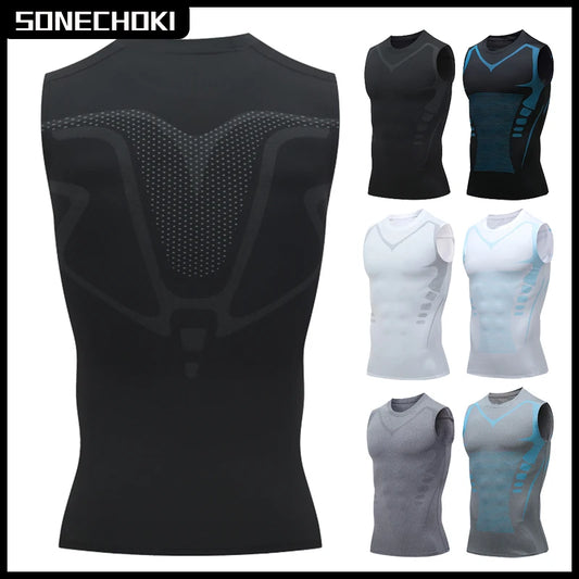 Men's FitGearly compression tank top for gym, designed for health and fitness, shown in a close-up image.