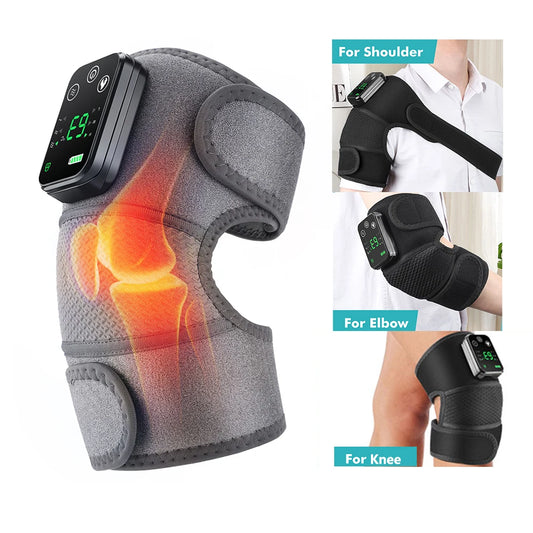 FitGearly Heated Vibration Knee Massager with adjustable straps, control panel, and cushioned design for pain relief and comfort.