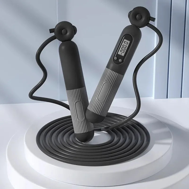 FitGearly electronic counting skipping rope with digital display for fitness, tracking jumps and countdown in a sleek design.