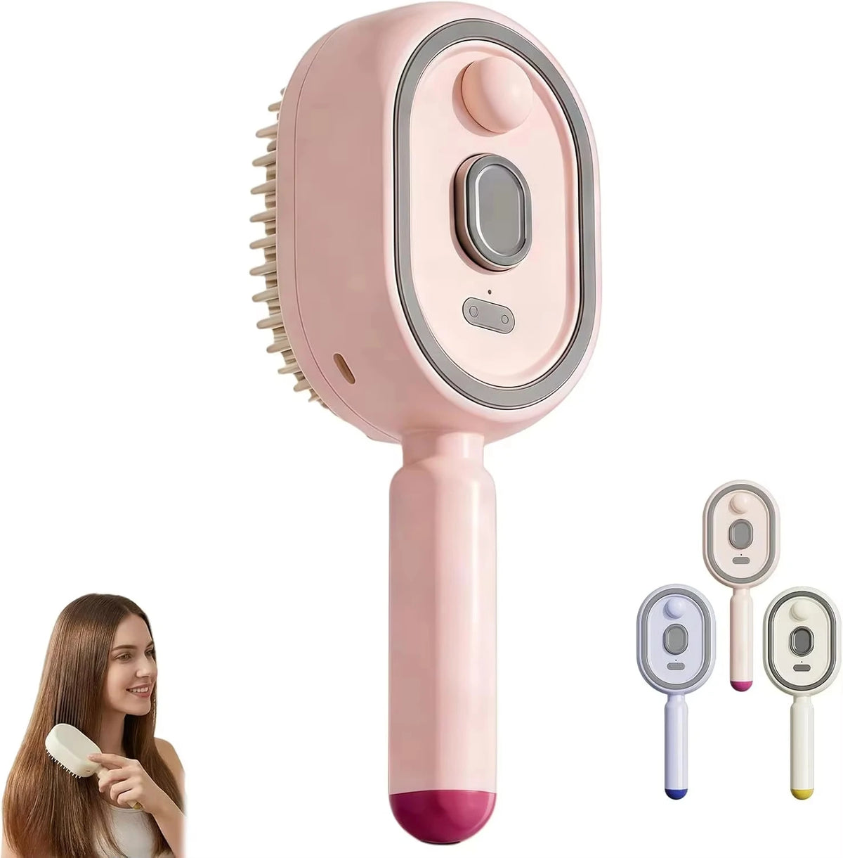 FitGearly electric spray air cushions massage comb with health and fitness features, showing the device and its adjustable settings.