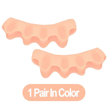 Pair of FitGearly silicone toe separators showing flexible finger spacers for toe alignment and foot health.
