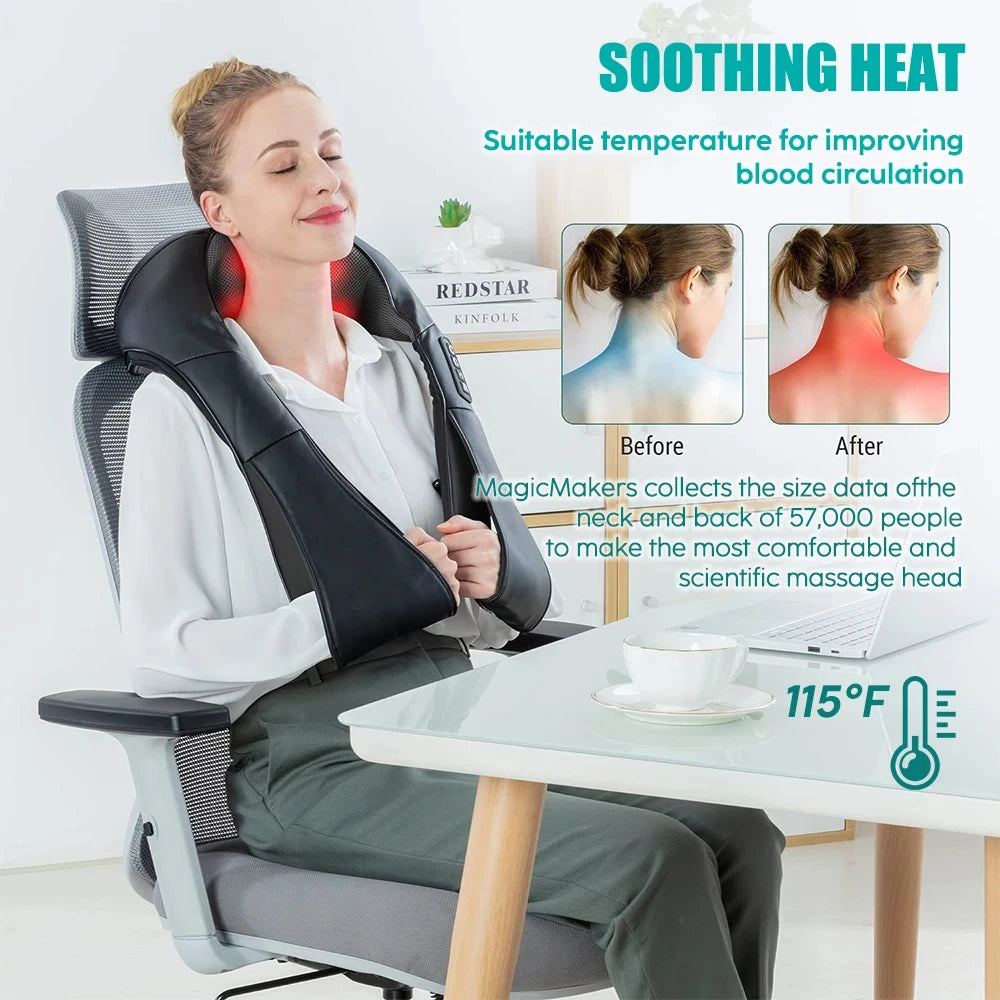 FitGearly shoulder heated back massager showing adjustable straps and heating panels for targeted relief.