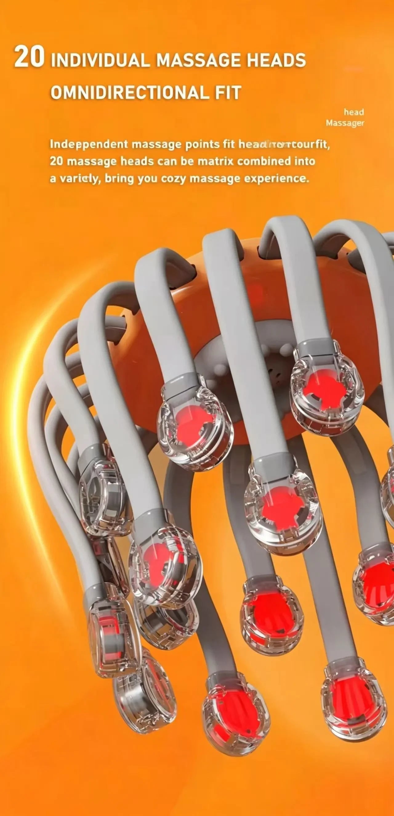 Orange Octopus Head Massager, 10/20 Independent Massage Heads, Wireless Vibration Scalp Scratcher for Daily Relaxation