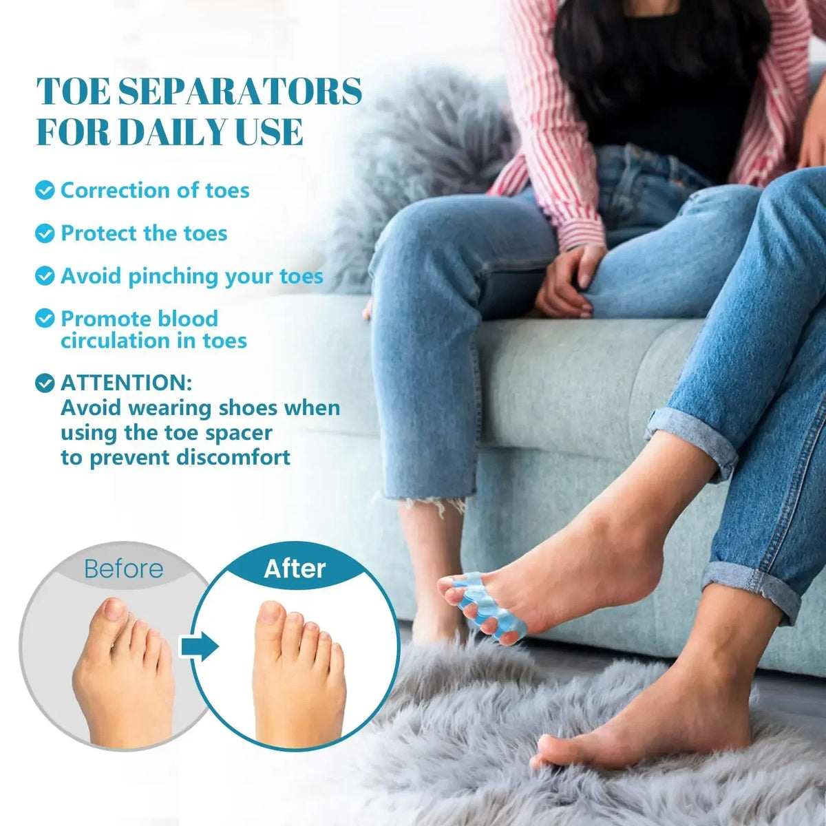 Pair of FitGearly silicone toe separators with flexible finger spacers for foot health and alignment.