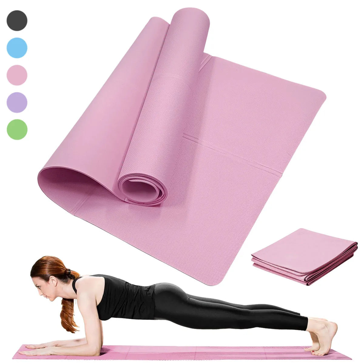 FitGearly non-slip Pilates fitness exercise mat laid out on a wooden floor, showcasing its textured surface and thickness.