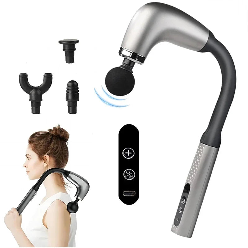 FitGearly electric fascia gun massager with ergonomic grip and multiple attachment heads for muscle relief and recovery.