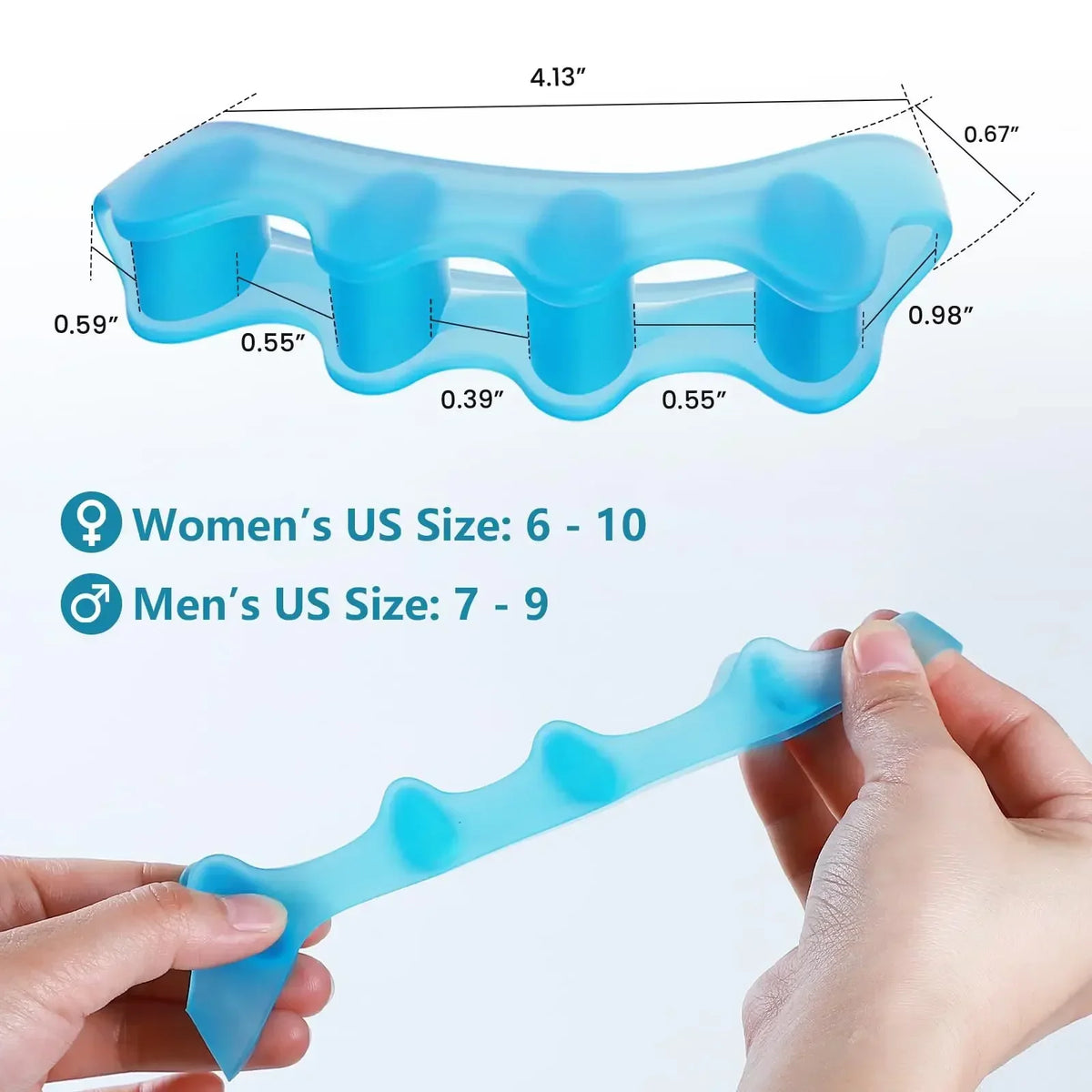 Pair of FitGearly silicone toe separators showing flexible finger spacers for toe alignment and foot health.