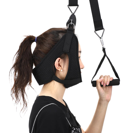 FitGearly traction hanging device for neck stretching, soft belt used for neck health and muscle relaxation in fitness routines.