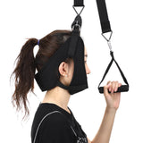 FitGearly traction hanging device for neck stretching, soft belt used for neck health and muscle relaxation in fitness routines.
