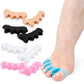 Pair of FitGearly silicone toe separators showing flexible finger spacer design for toe alignment and foot comfort.