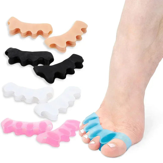Pair of FitGearly silicone toe separators showing flexible finger spacer design for toe alignment and foot comfort.