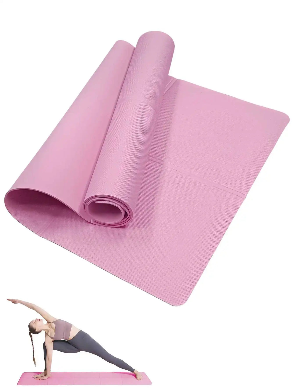 Non-slip Pilates fitness exercise mat by FitGearly, showing a textured surface and thickness ideal for yoga and workouts.