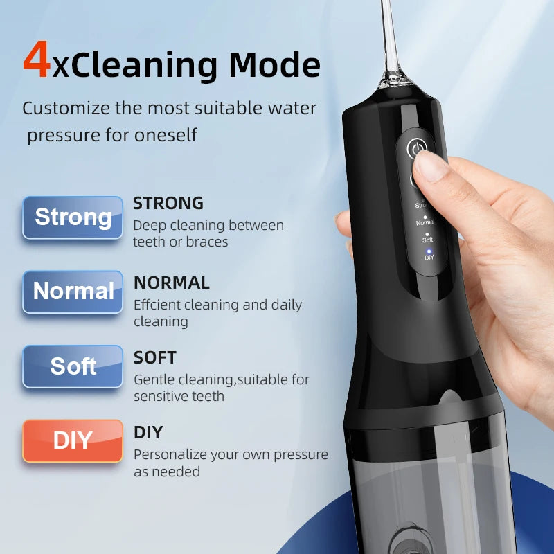 Wireless electric dental floss cleaner by FitGearly, showing a sleek handheld device with flossing attachment for oral hygiene.