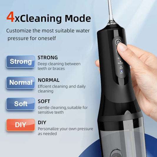 Wireless electric dental floss cleaner by FitGearly, showing a sleek handheld device with flossing attachment for oral hygiene.