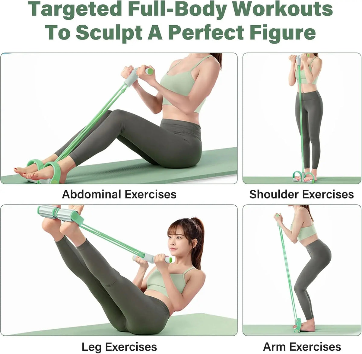 Six FitGearly rubber pedal resistance bands with handles for strength training and versatile workout exercises.
