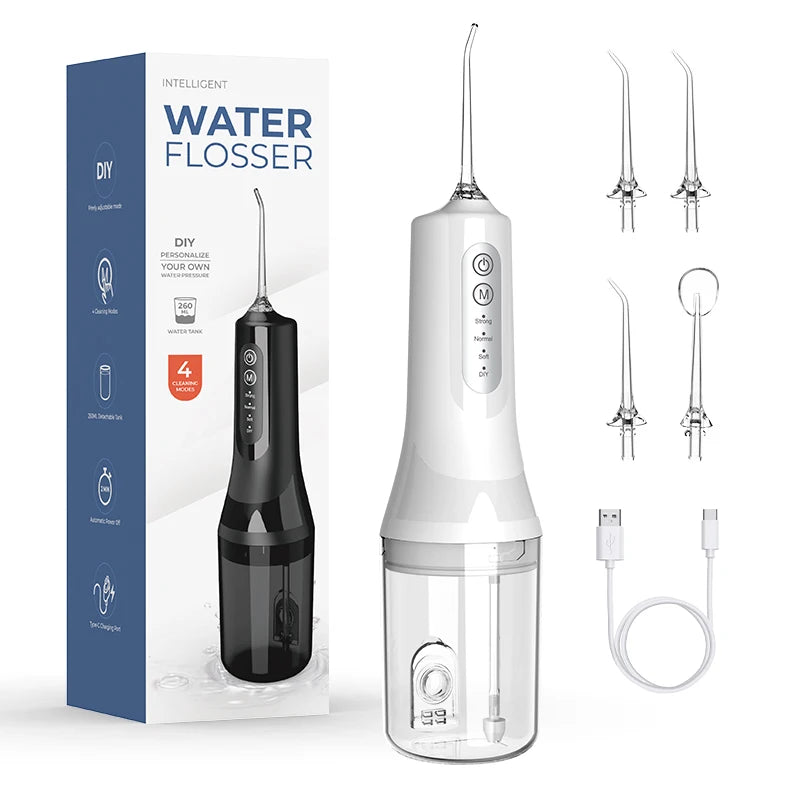 Wireless electric dental floss cleaner by FitGearly, showing the compact device with flossing head and control buttons.