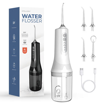 Wireless electric dental floss cleaner by FitGearly, showing the compact device with flossing head and control buttons.