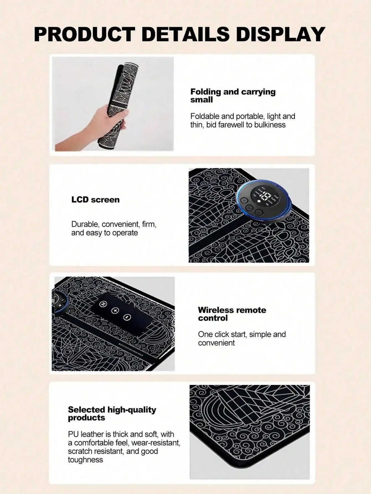 FitGearly automatic pulse foot massage pad with heat feature, showing textured surface and control buttons for relaxation.