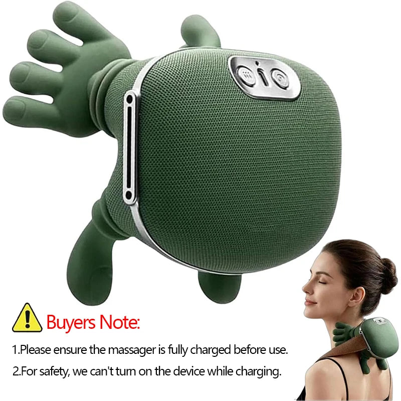 FitGearly Bionic Neck Shoulder Massager Pillow showing ergonomic design and adjustable straps for targeted muscle relief.