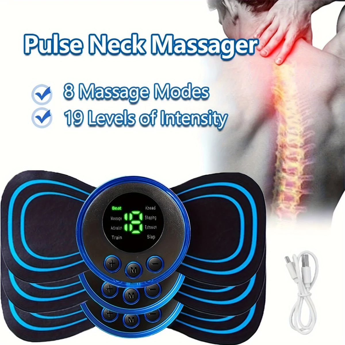 FitGearly Muscle Electric Neck Massager showing adjustable straps and control buttons for targeted neck relief.