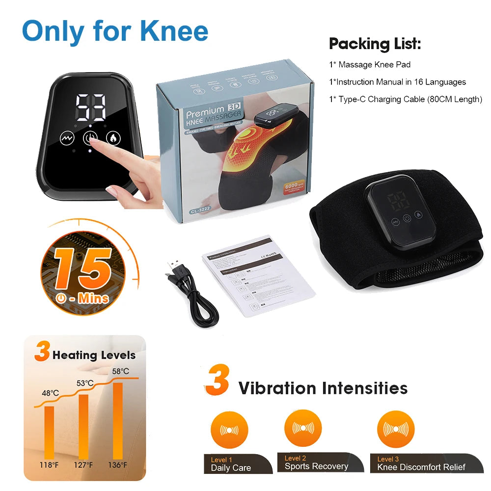 Heated Vibration Knee Massager Cordless Rechargeable 3-in-1 Shoulder & Elbow Support with Timer Electric Portable Brace