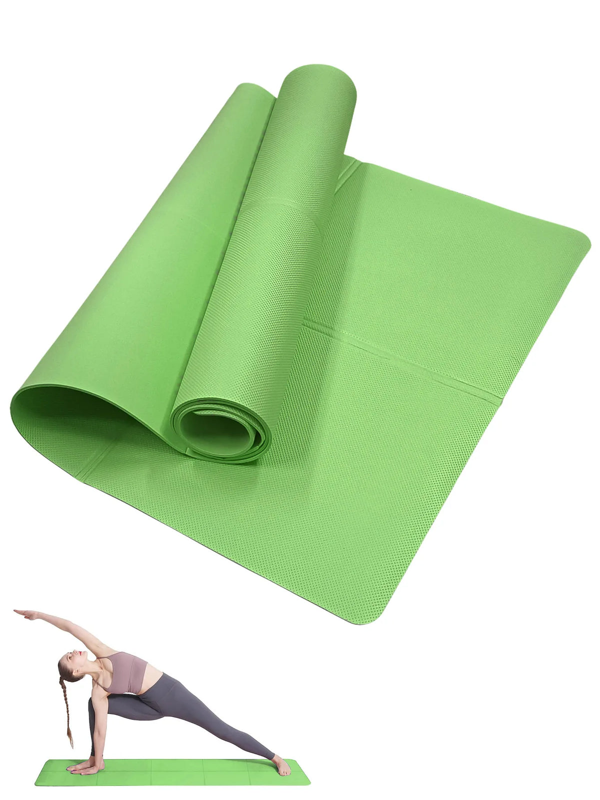 FitGearly non-slip Pilates fitness exercise mat laid out on a wooden floor, showcasing its textured surface and thickness.
