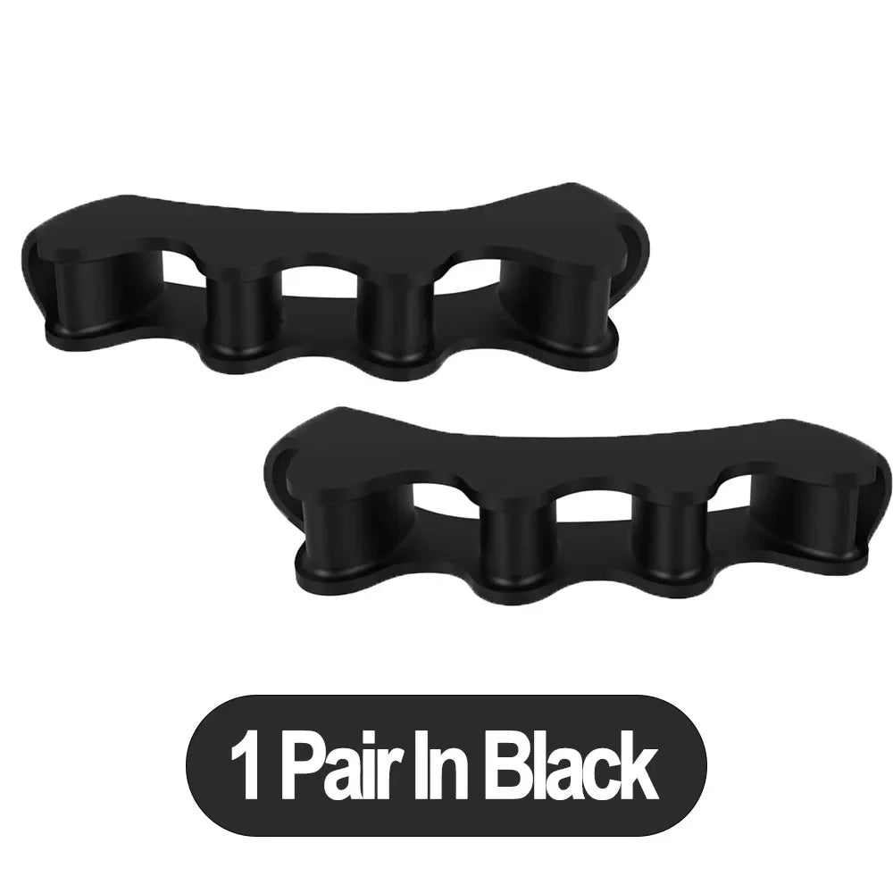 Pair of FitGearly silicone toe separators showing flexible finger spacers for foot health and alignment.