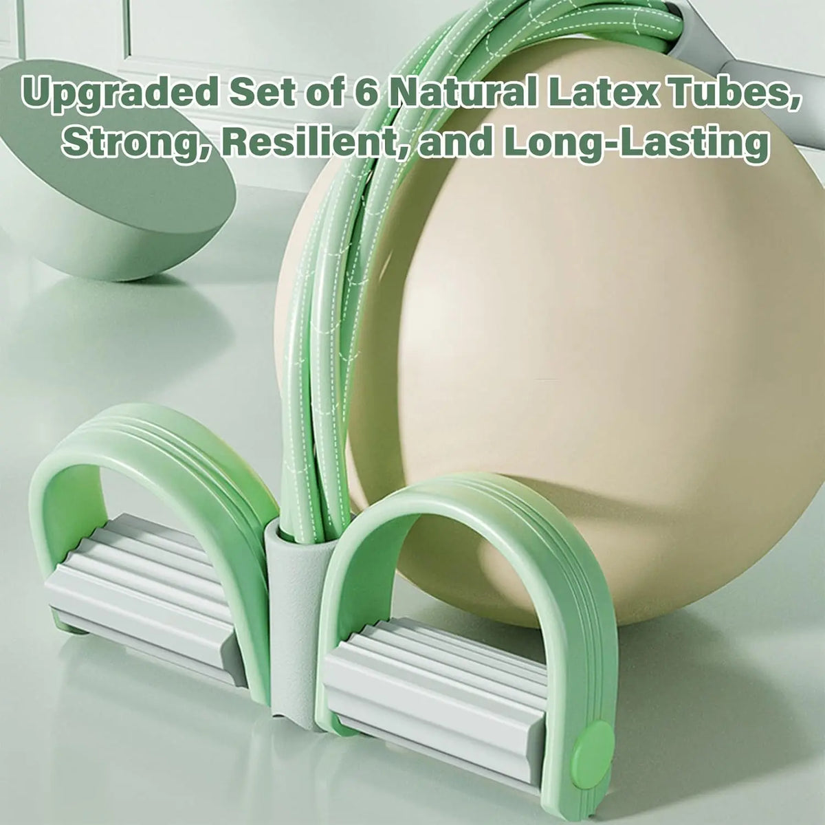 Six FitGearly rubber pedal resistance bands with handles for strength training and fitness workouts.