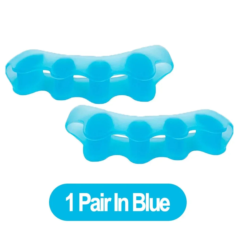 Pair of FitGearly silicone toe separators showing flexible fingers and comfortable design for foot health and toe alignment.