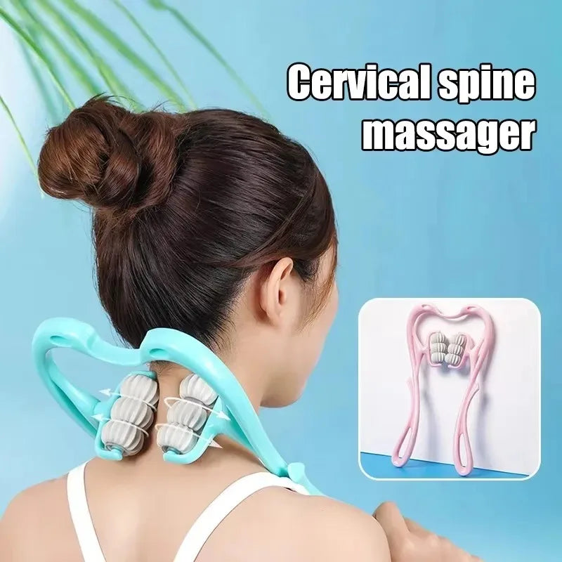 FitGearly 6-ball cervical neck kneading roller massager for muscle relief and relaxation, shown in use on the neck.