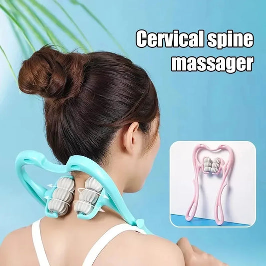 FitGearly 6-ball cervical neck kneading roller massager for muscle relief and relaxation, shown in use on the neck.