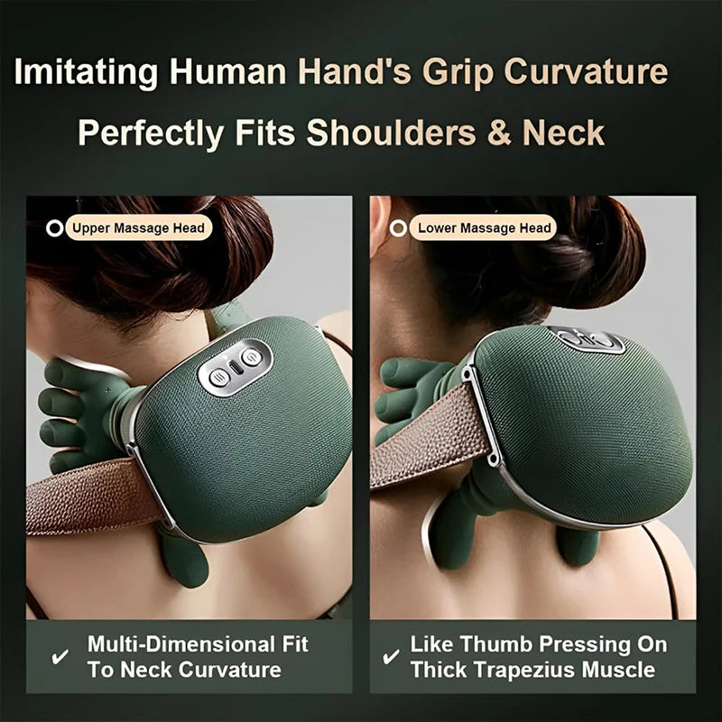 FitGearly Bionic Neck Shoulder Massager Pillow for relaxation and pain relief, showing the ergonomic design and adjustable straps.