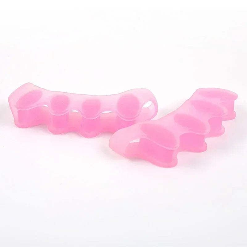 Pair of FitGearly silicone toe separators with flexible finger spacers for toe alignment and foot comfort in health and fitness.