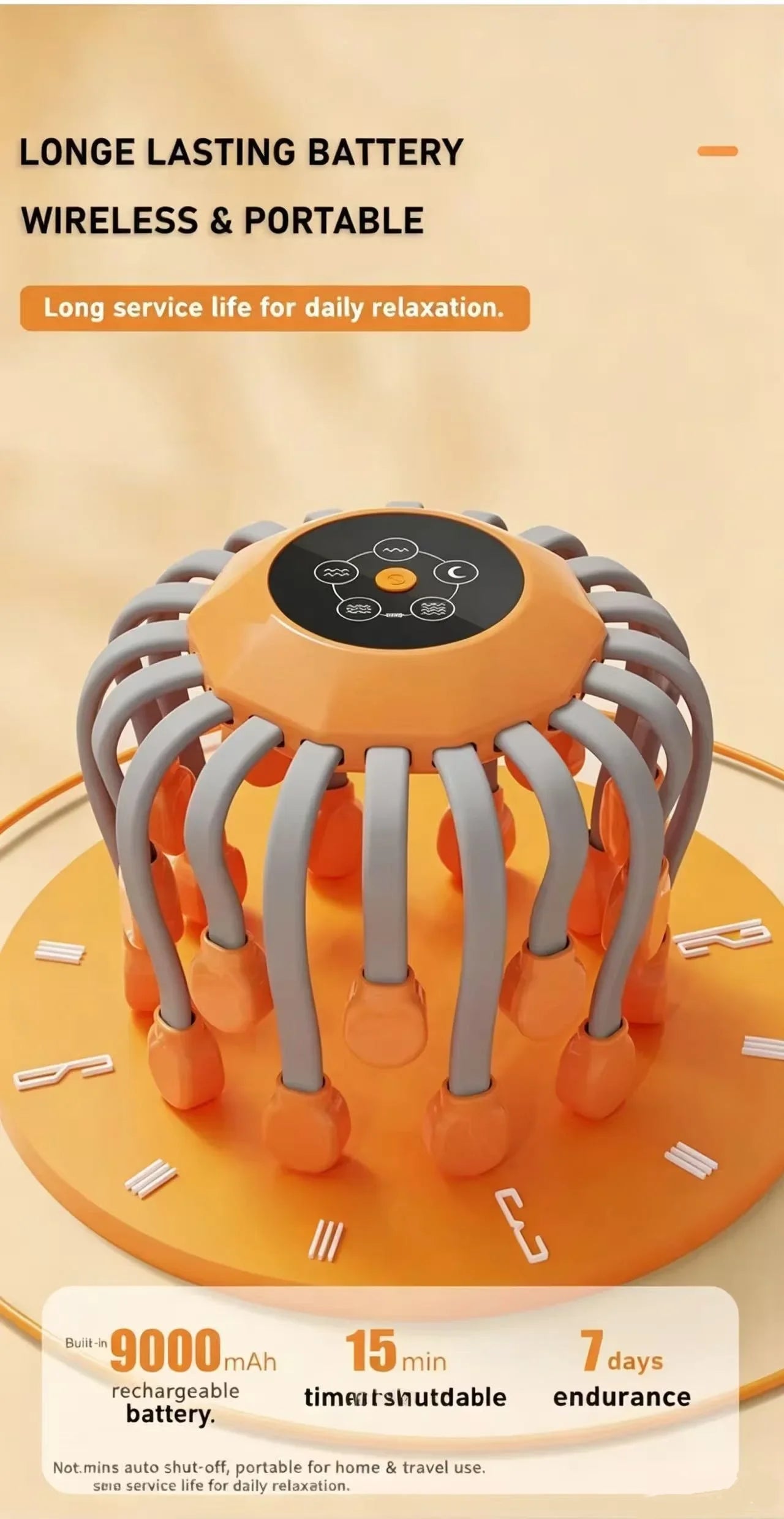 Orange Octopus Head Massager, 10/20 Independent Massage Heads, Wireless Vibration Scalp Scratcher for Daily Relaxation