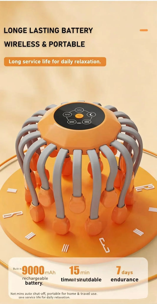 Orange octopus-shaped head massager from FitGearly for relaxation and scalp massage in health and fitness use.