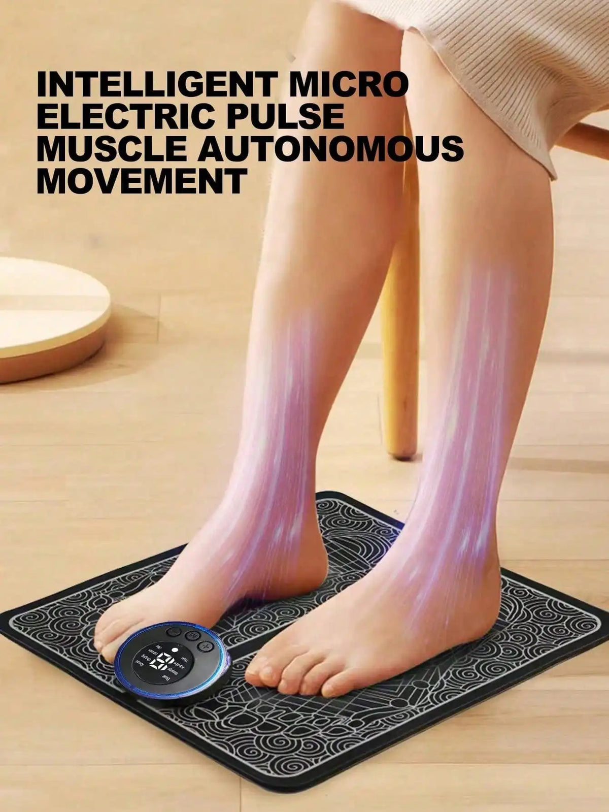 FitGearly automatic pulse foot massage pad with heat, showing textured surface and control panel for relaxing foot therapy.