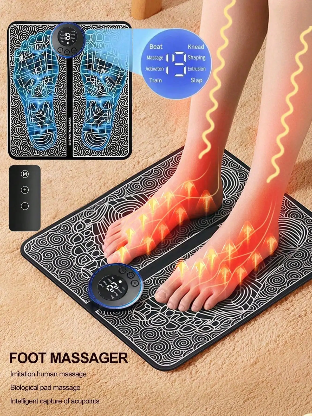 FitGearly automatic pulse foot massage pad with heat, showing a close-up of the textured surface and control panel for health and relaxation.