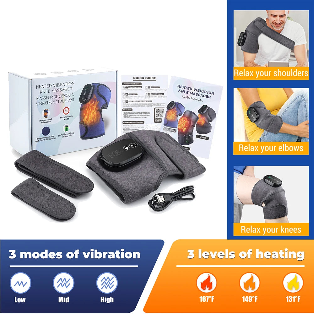 Heated Vibration Knee Massager Cordless Rechargeable 3-in-1 Shoulder & Elbow Support with Timer Electric Portable Brace