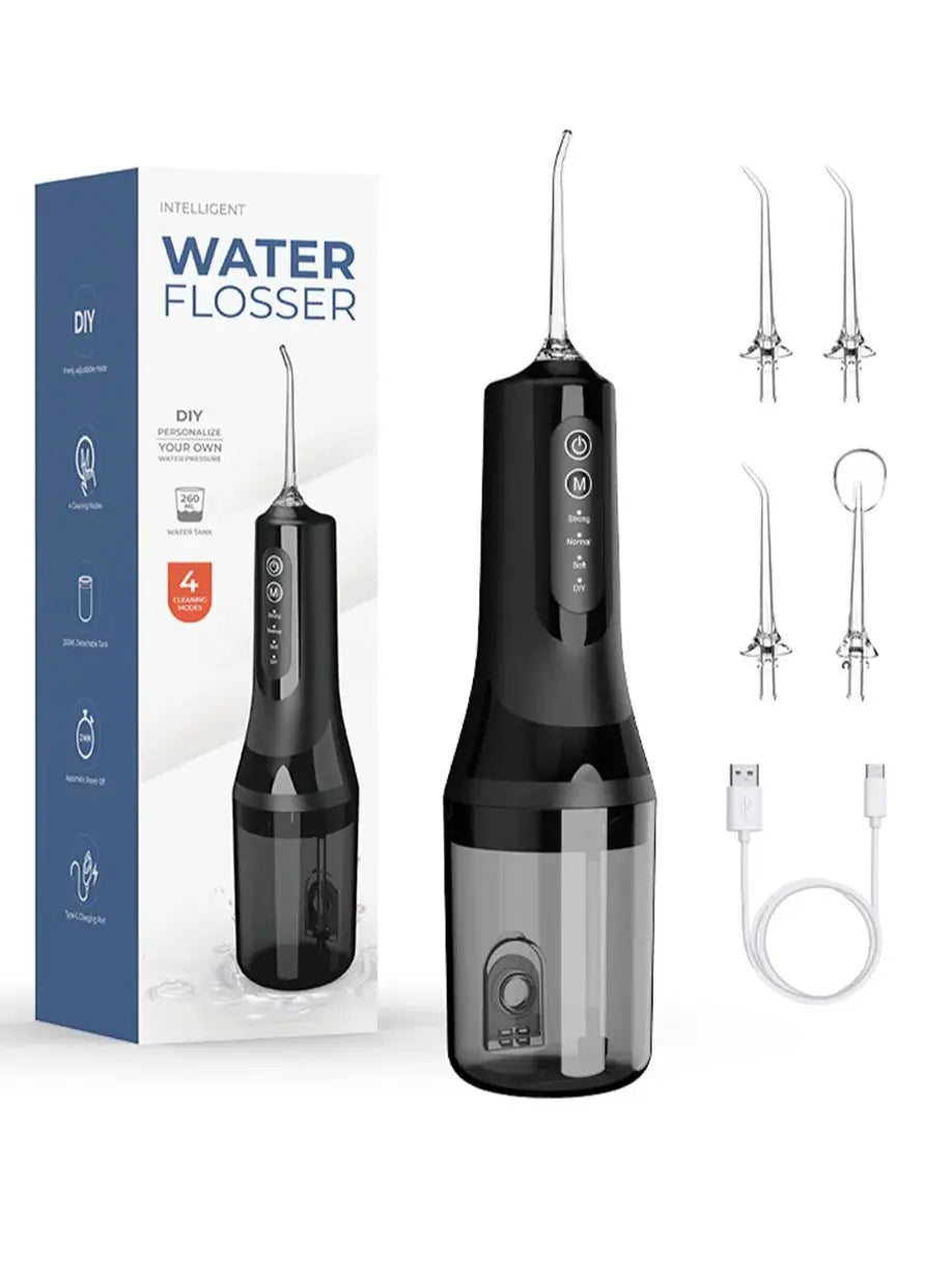 Electric wireless dental floss cleaner by FitGearly, compact device with flossing and cleaning heads for oral hygiene.