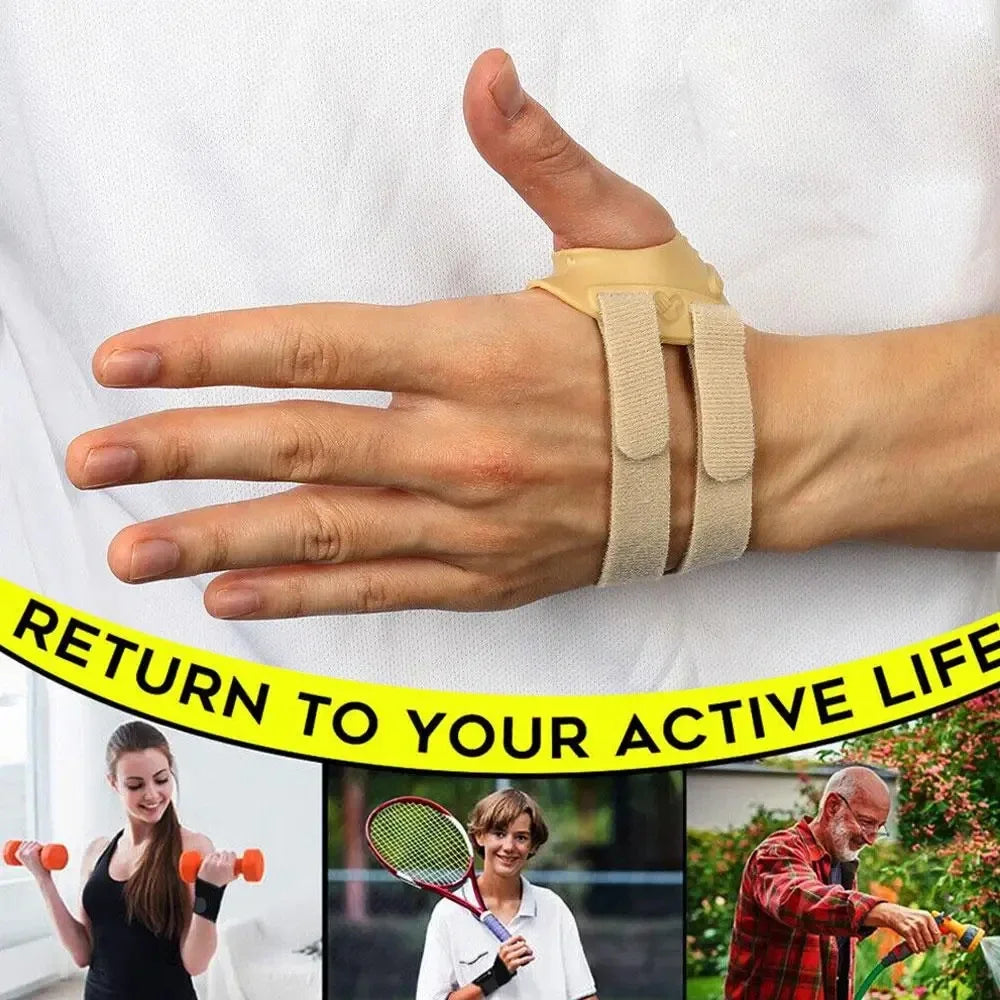 FitGearly arthritis pain relief thumb support brace shown on a hand, providing stability and comfort for thumb joint pain.