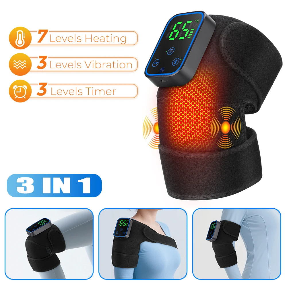 Heated Vibration Knee Massager Cordless Rechargeable 3-in-1 Shoulder & Elbow Support with Timer Electric Portable Brace
